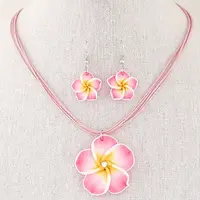 Flower Polymer Clay with Wax Cord Pendant Necklaces & Dangle Earrings Sets