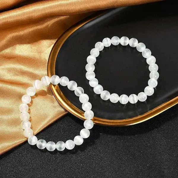 Dyed Natural Selenite Round Beaded Stretch Bracelets for Women