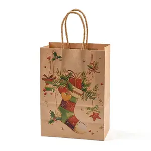 Christmas Theme Printed Kraft Paper Bags with Handles