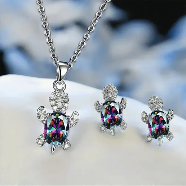 Tortoise Alloy Rhinestone & Glass Pendant Necklaces & Stud Earrings Sets