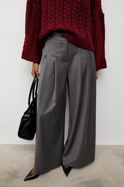 Kalhoty Answear.LAB dámské, šedá barva, široké, high waist