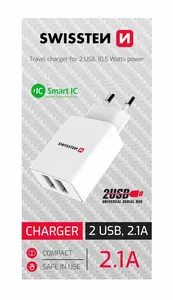 Swissten síťový adaptér Smart IC /2x USB/2,1A/ bílá