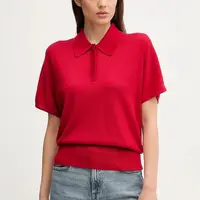 Polo triko s příměsí hedvábí Tommy Hilfiger dámské, červená barva, WW0WW45652