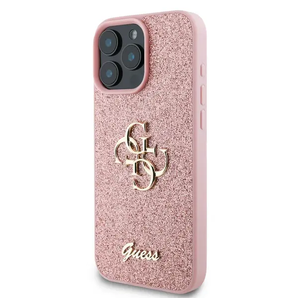 Zadní kryt Guess PU Fixed Glitter 4G Metal Logo pro Apple iPhone 16 Pro Max, růžová