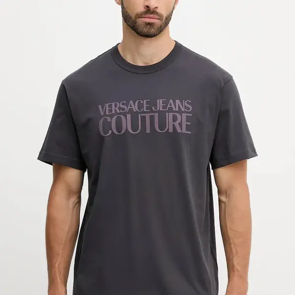 Bavlněné tričko Versace Jeans Couture pánské, šedá barva, s potiskem, 79GAHE05 CJ00E