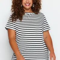 Trendyol Curve Black and White Striped Boat Neck Knitted T-shirt