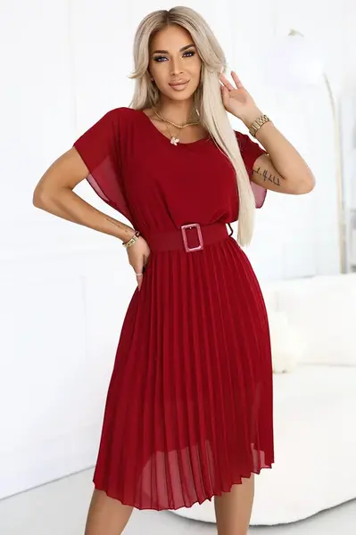 465-5 MIA Pleated Chiffon Midi Dress with Wide Belt - Burgundy