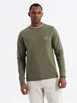 Ombre Men's cotton longsleeve with U neckline with stripes and embroidery - olive