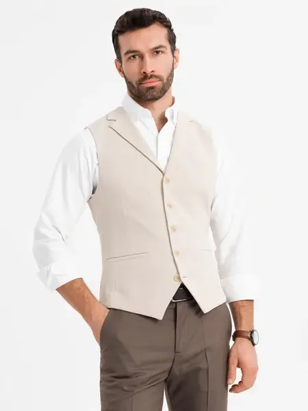 Ombre Fitted elegant men's vest with elastane and lapels - beige