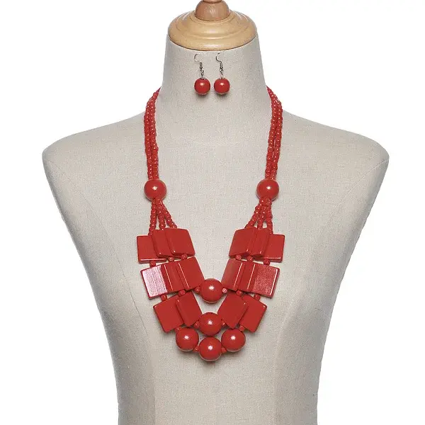 Wood Rectangle & Round Beaded Multilayer Necklaces & Dangle Earrings Sets