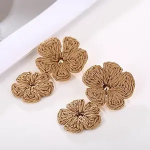 Flower Brass Findings Raffia Dangle Stud Earrings