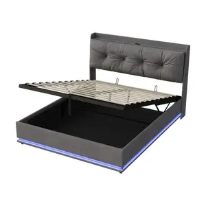 SHOPENTRA ČALOUNĚNÁ postel 160x200 cm sametově šedá s boxem, LED a USB-C