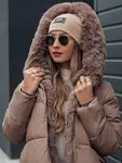 Kurtka damska zimowa FURSOFT pikowana z kapturem ciemnobeżowa Dstreet