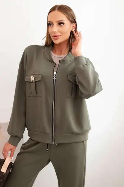 Kesi Włoski Komplet dámsky maslový z viskózy s rozopínacou blúzkou a nohavicami khaki