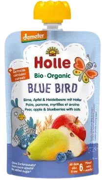 HOLLE Organické pyré Blue bird, hrušky, jablká a čučoriedky s vločkami 100 g