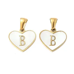 304 Stainless Steel Pave Natural White Shell Heart with Initial Slice Pendants