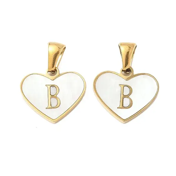 304 Stainless Steel Pave Natural White Shell Heart with Initial Slice Pendants
