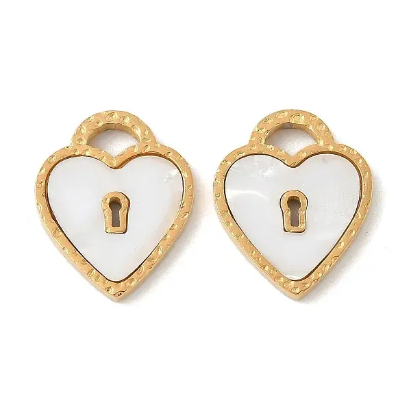 304 Stainless Steel Pave Natural white Shell Heart Lock Connector Charms