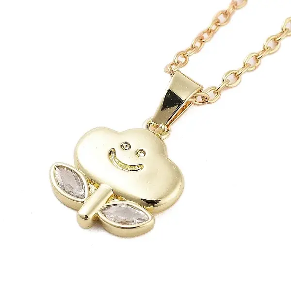 Brass Clear Cubic Zirconia Cable Chain Smiling Face Cloud Flower Pendant Necklaces