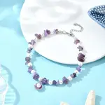 Alloy Enamel Shell Shape Charm White Round Shell Pearl & Natural Amethyst Chip Beaded Anklets
