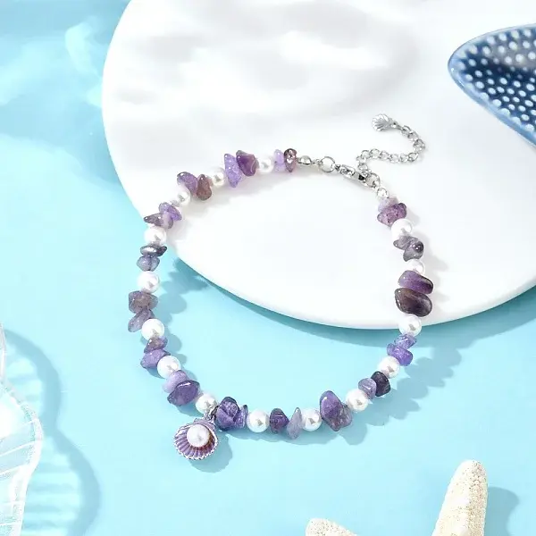 Alloy Enamel Shell Shape Charm White Round Shell Pearl & Natural Amethyst Chip Beaded Anklets