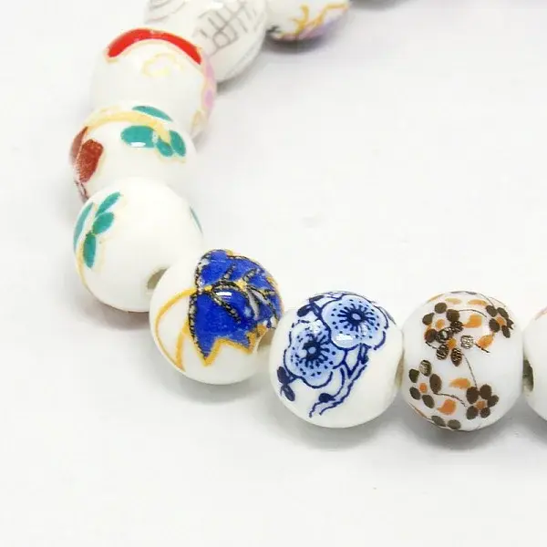 Mixed Styles Handmade Flower Printed Porcelain Ceramic Round Beads Strands