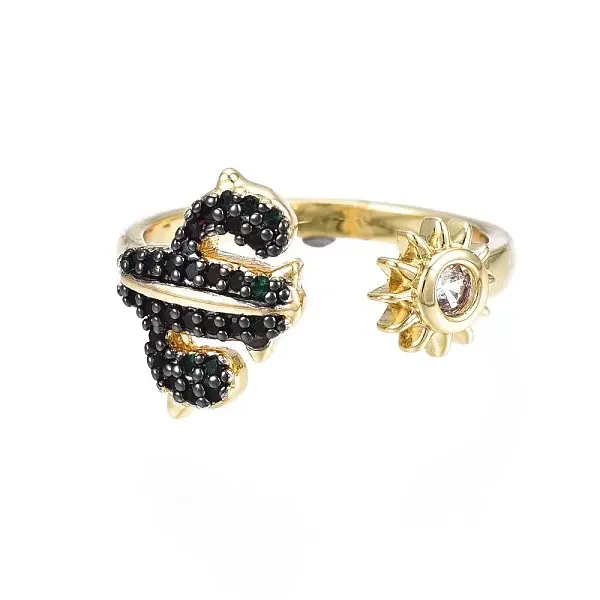 Black Cubic Zirconia Cactus and Sun Open Cuff Ring for Women