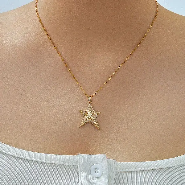 Elegant Brass Micro Pave Clear Cubic Zirconia Star Pendant Necklaces