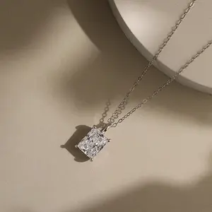 925 Sterling Silver Pave Clear Cubic Zirconia Rectangle Pendant Necklaces