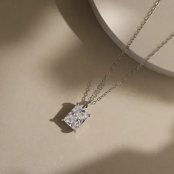 925 Sterling Silver Pave Clear Cubic Zirconia Rectangle Pendant Necklaces