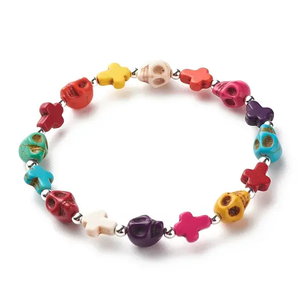 Synthetic Turquoise(Dyed) Cross & Skull Beaded Stretch Bracelet