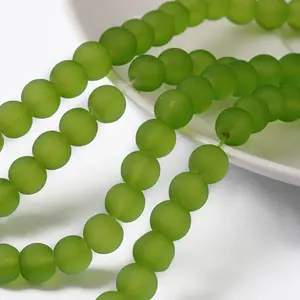 Baking Painted Lime Green Frosted Round Transparent Glass Bead Strands