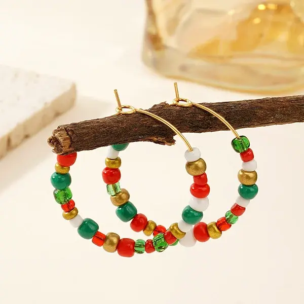 Handmade Glass Seed Beads Christmas Hoop Earrings