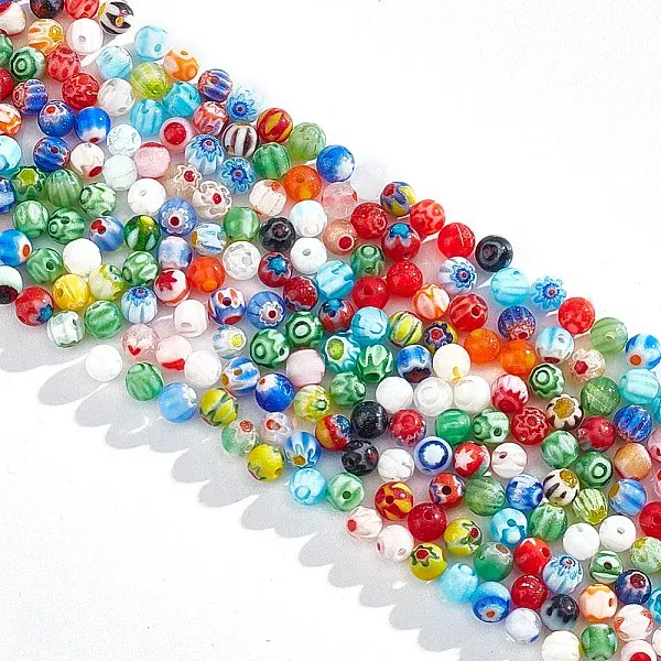 4 Strands Handmade Millefiori Glass Round Bead Strands