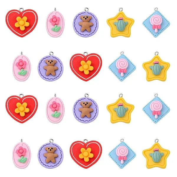 30Pcs 5 Styles Opaque Resin Pendants
