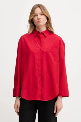 Bavlněná košile Tommy Hilfiger dámská, červená barva, relaxed, s klasickým límcem, WW0WW45892