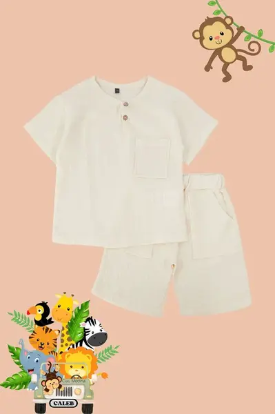 Trendyol Stone Boy 100% Cotton Pocket T-Shirt Shorts Set Cotton Knitted Bottom-Top Set