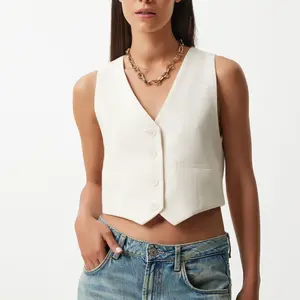 Happiness İstanbul Women's White Linen Short Vest