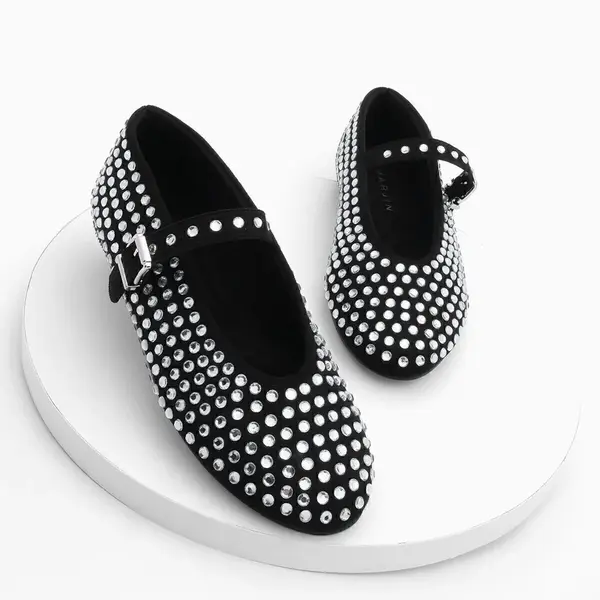 Marjin Women's Helmet Stone Ballerina Shoes Mary Jane Tevila Black