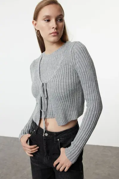 Trendyol Gray Crop Blouse-Cardigan Set Knitwear Cardigan
