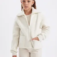 DEFACTO Girls Knitwear Basic Stand Collar Pocket Zippered Ecru School Cardigan