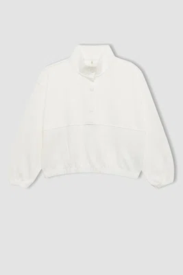 DEFACTO Girl Oversize Wide Pattern Polo Collar Buttoned Sweatshirt