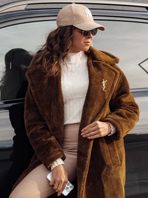 Płaszcz damski zimowy GLAMFUR długi futerkowy kamelowy Dstreet