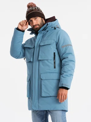 Ombre Insulated long men's jacket with reflective elements - blue