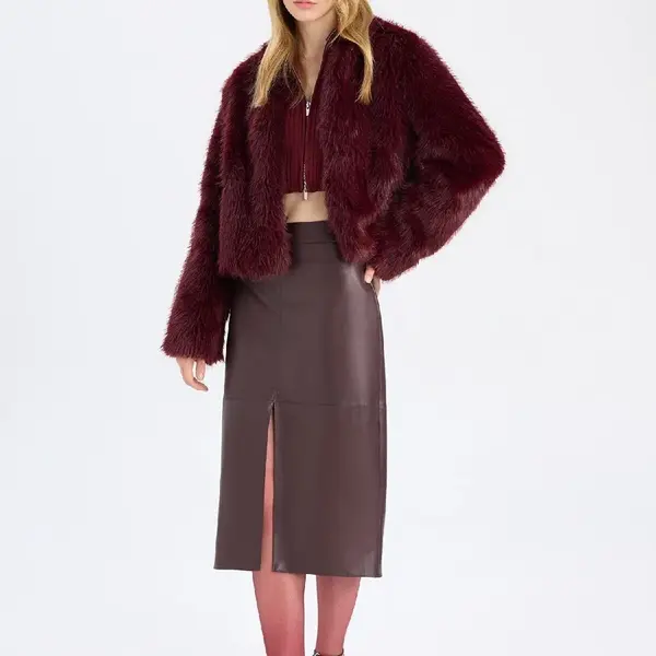 DEFACTO High Waist Combed Cotton Lined Slit Midi Faux Leather Burgundy Pencil Skirt
