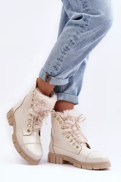 Boto Kožené Dámské Botky S Kožešinou Jasnobežové Lewski 3296