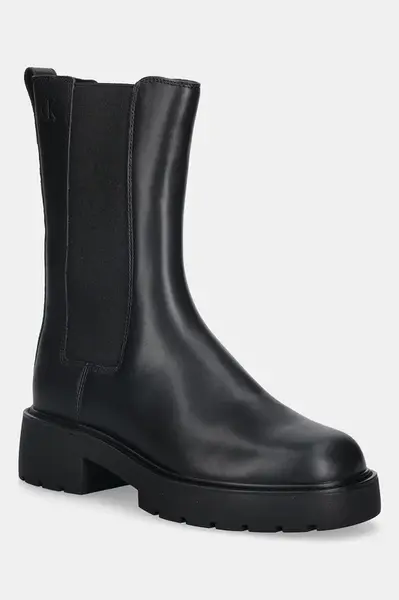 Kožené kotníkové boty Calvin Klein CHUNKY HIGH CHELSEA černá barva, na plochém podpatku, YW0YW01909