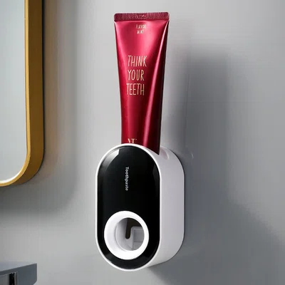 Automatic Toothpaste Squeezer Wall Mounted Toothpaste Dispenser Toothbrush Holder Bathroom Accessories - Black + White