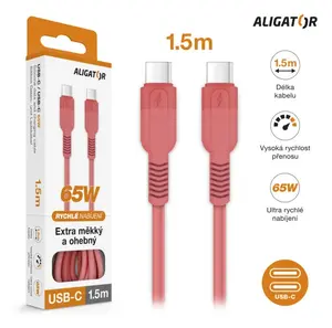 Datový kabel ALIGATOR SoftPastels 3A 65W, USB-C/USB-C, růžová