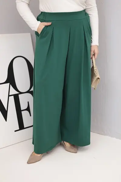 Kesi Włoski Dámské bavlněné kalhoty Plus Size s širokými nohavicemi a volným střihem tmavě zelené